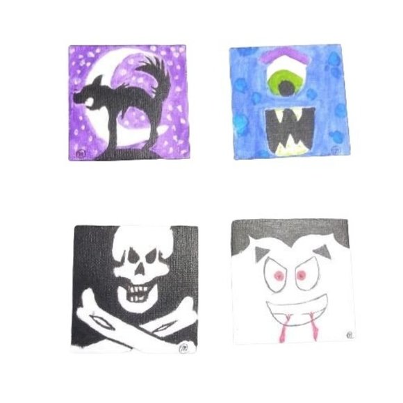 Handcraft Other - Horrifying Halloween 4-Pack Acrylic Painting on Little Canvas 3 x 3 in each